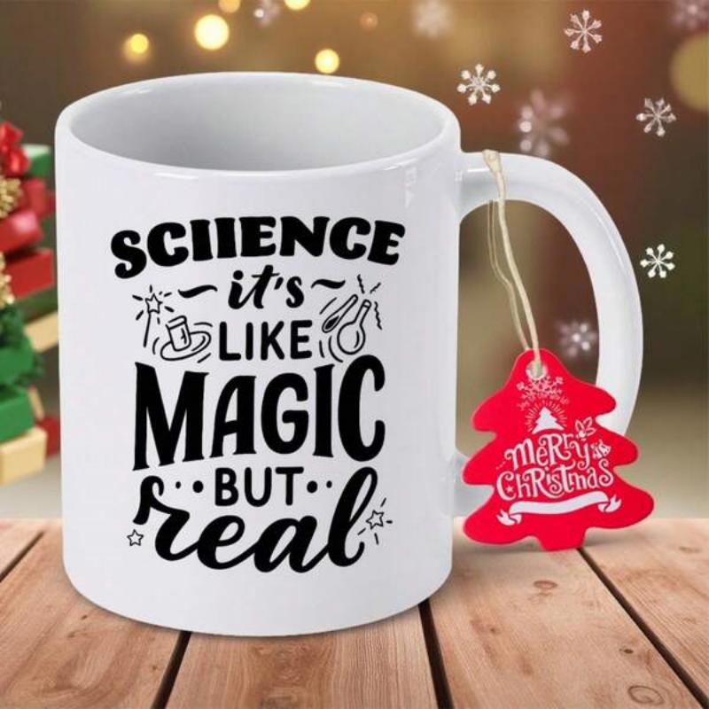Tailorly White Ceramic 11 oz Mug - Science Its Like Magic But Real Minimalist Scientific Symbols With Beaker And Stars Floating Around Elegant Mug