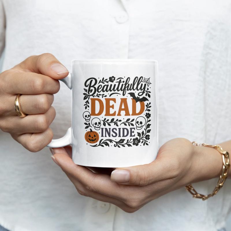 Tailorly White Ceramic 11 oz Mug - Beautifully Dead Inside Ornate Halloween Illustrations Featuring Spooky Bats Among Skulls And Flowers Skeleton