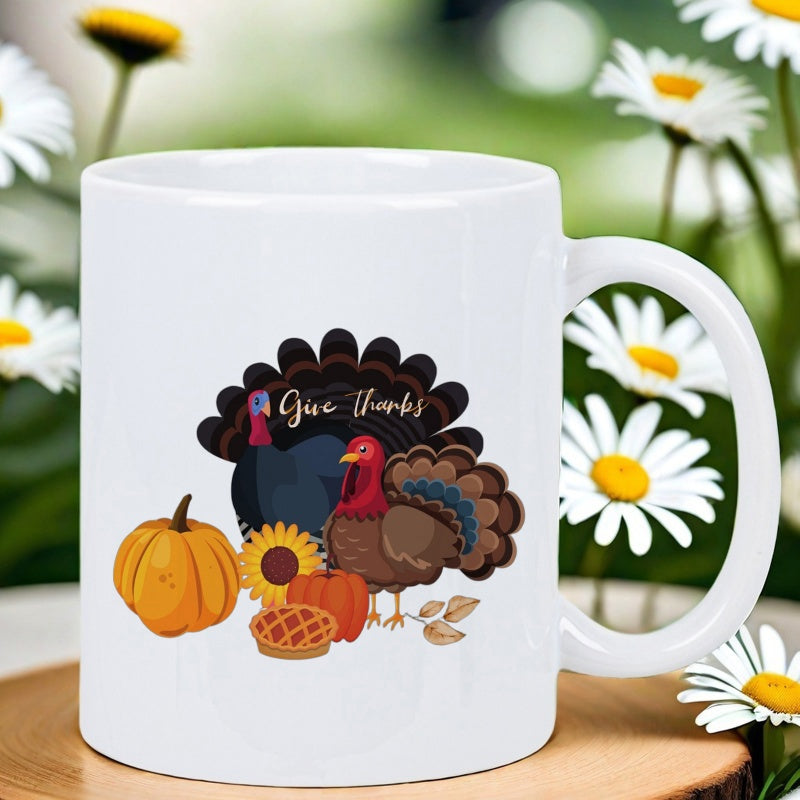 Tailorly White Ceramic 11 oz Mug - Give Thanks Festive Autumn Harvest Elements With Pumpkins And Sunflowers Beside A Proud Turkey