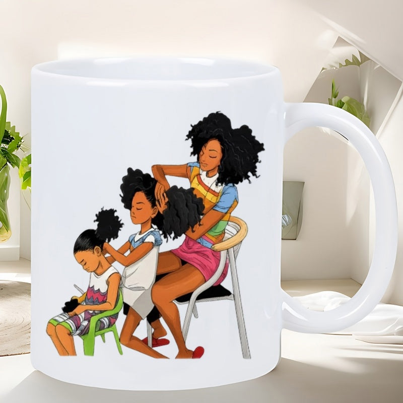 Tailorly White Ceramic 11 oz Mug - Mother Braiding Hair For Two Young Daughters Sitting On Chairs Family