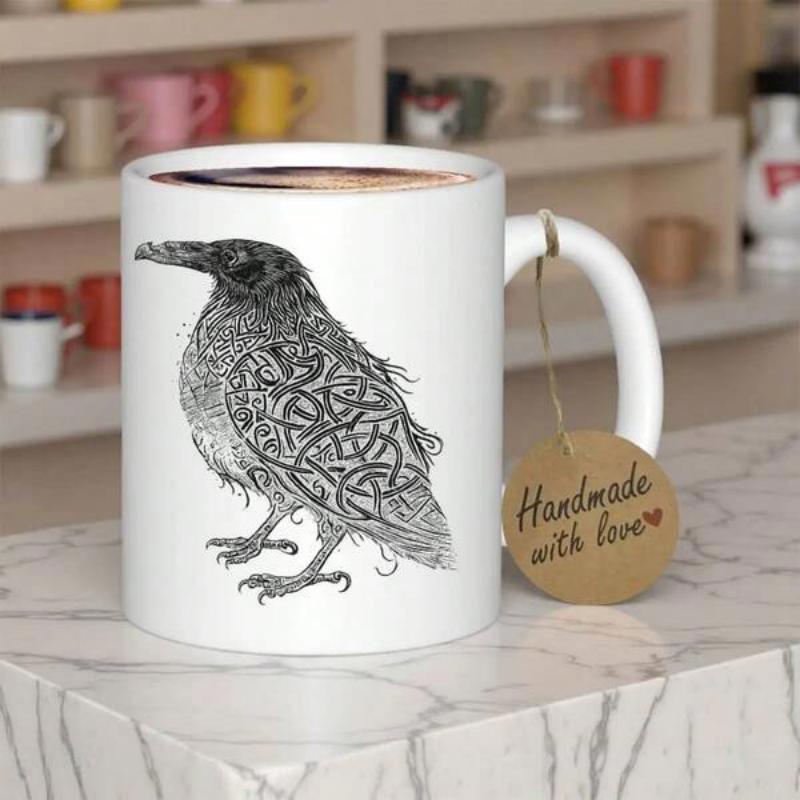 Tailorly White Ceramic 11 oz Mug - Intricate Celtic Knotwork Patterns Flowing Within A Detailed Majestic Raven