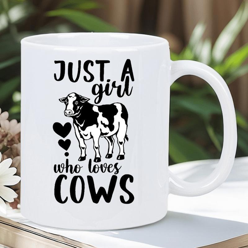 Tailorly White Ceramic 11 oz Mug - Just A Girl Who Loves Cows Rustic Farmhouse Style With Spotted Dairy Cattle And Floating Hearts Cow