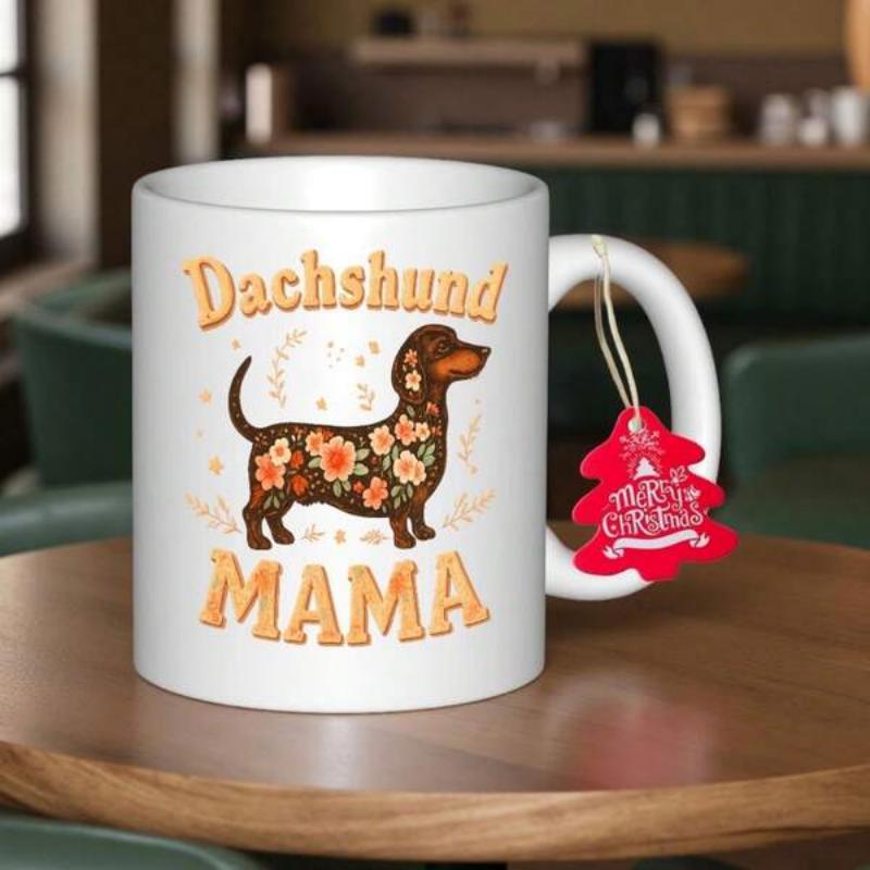 Tailorly White Ceramic 11 oz Mug - Dachshund Mama Floral Patterned Silhouette Among Vintage Style Decorative Warm Text Dachshund