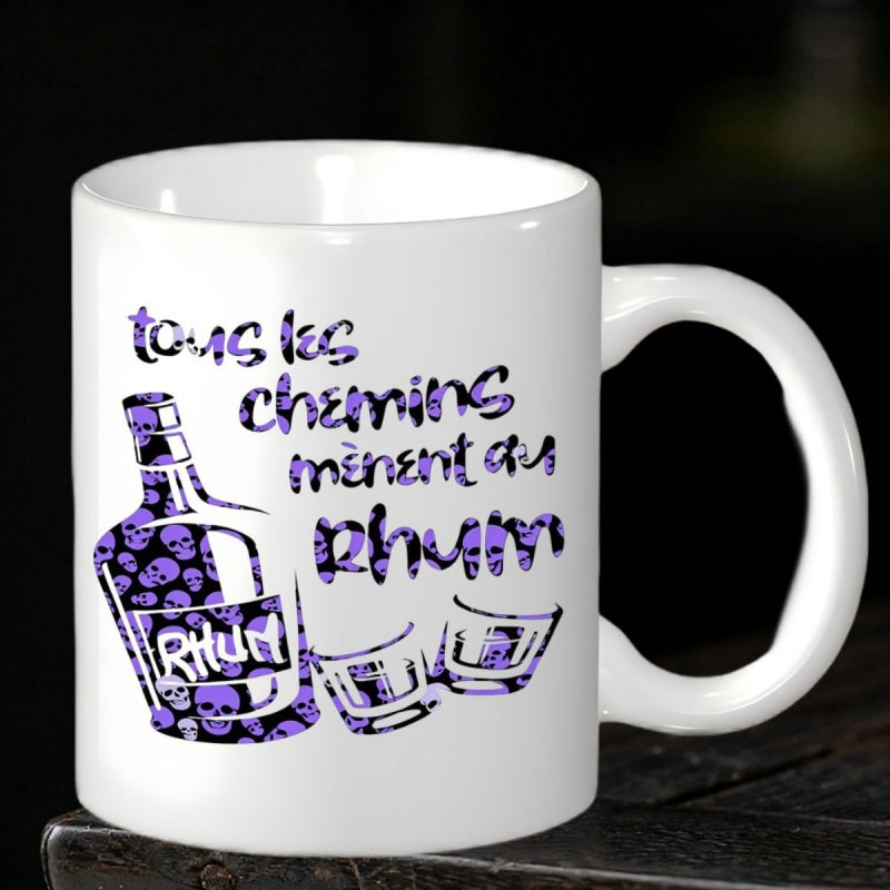 Tailorly White Ceramic 11 oz Mug - Artistic Purple Skull Patterned Rum Container With Two Small Drinking Glasses Bottle