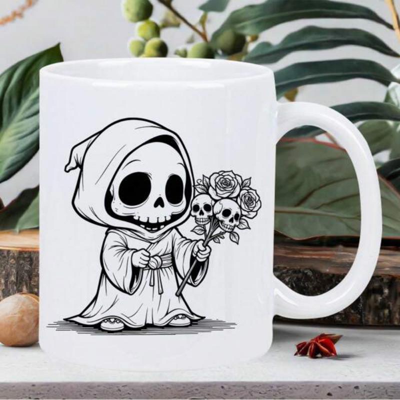 Tailorly White Ceramic 11 oz Mug - Adorable Cartoon Hooded Skeleton Holding Bouquet Of Skull Themed Flowers Reaper