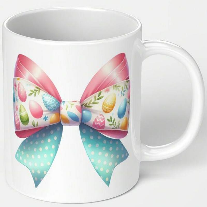 Tailorly White Ceramic 11 oz Mug - Colorful Easter Eggs Pattern With Teal Polka Dot Fabric Ribbon Bow