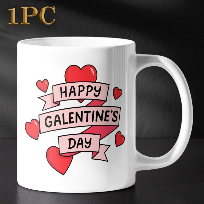 Tailorly White Ceramic 11 oz Mug - Happy Galentine's Day Vibrant Red Hearts Scattered Around Soft Pink Flowing Ribbons Mug
