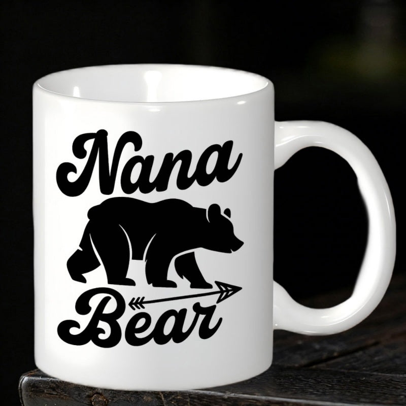 Tailorly White Ceramic 11 oz Mug - Nana Bear Rustic Black Silhouette Of A Forest Grizzly Walking Above Arrow Bear
