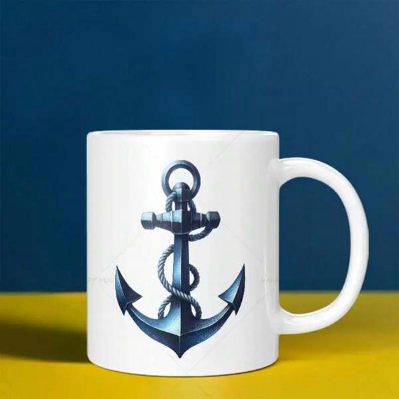 Tailorly White Ceramic 11 oz Mug - Classic Nautical Metal Design With Ropes Coiled Around Heavy Ship Anchor