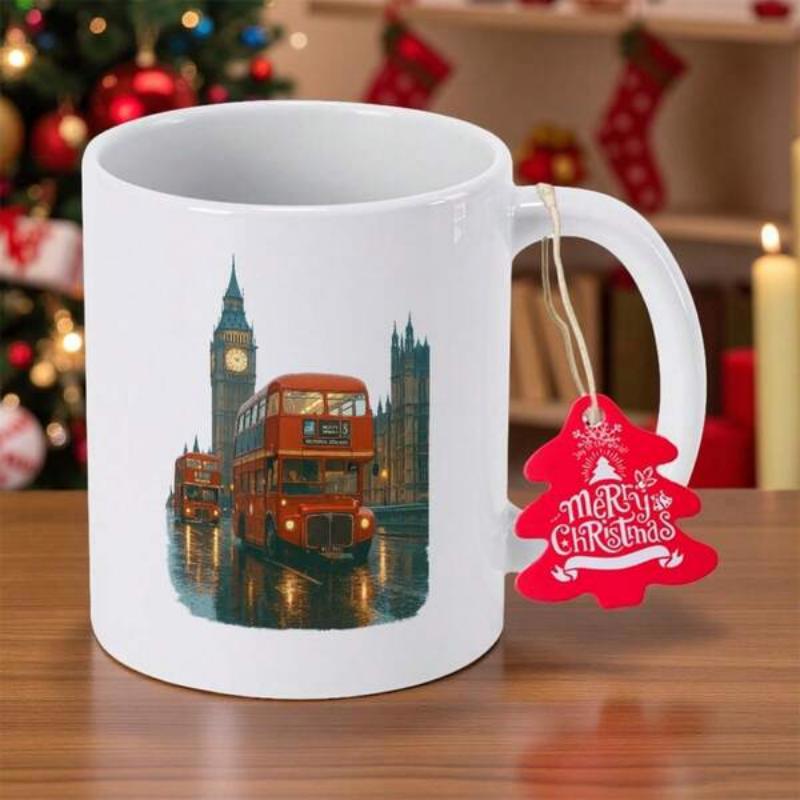Tailorly White Ceramic 11 oz Mug - Merry Christmas Classic Rainy London Scene With Iconic Red Double Decker Bus