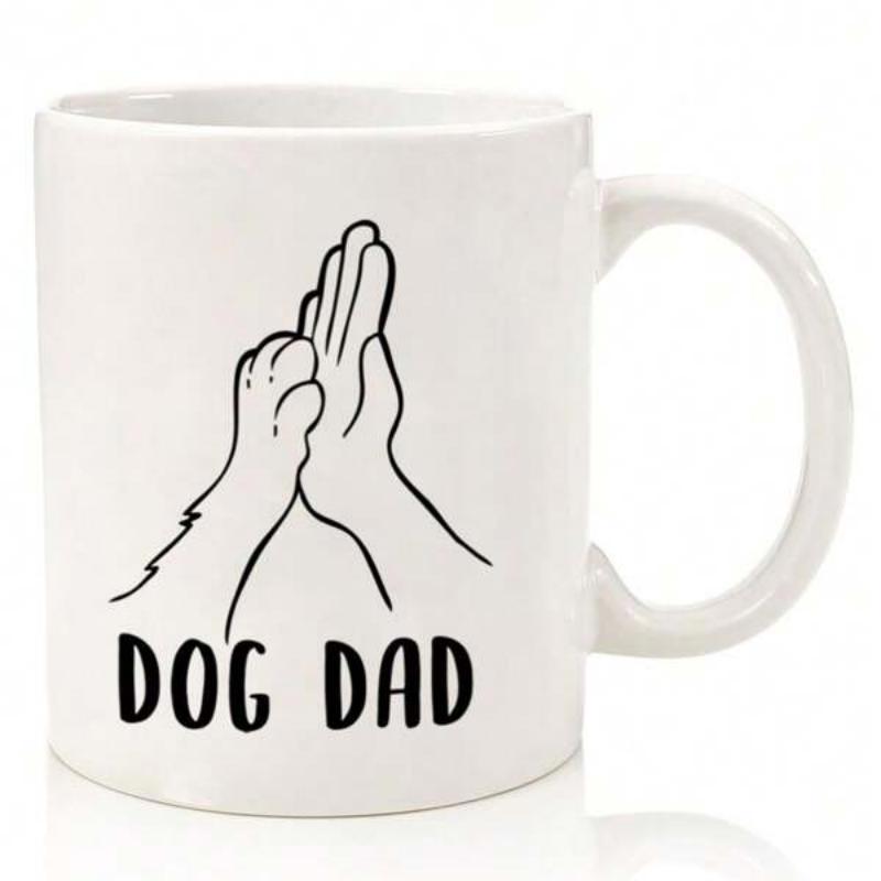 Tailorly White Ceramic 11 oz Mug - Dog Dad Simple Black Line Art Human Hand Touching A Furry Paw
