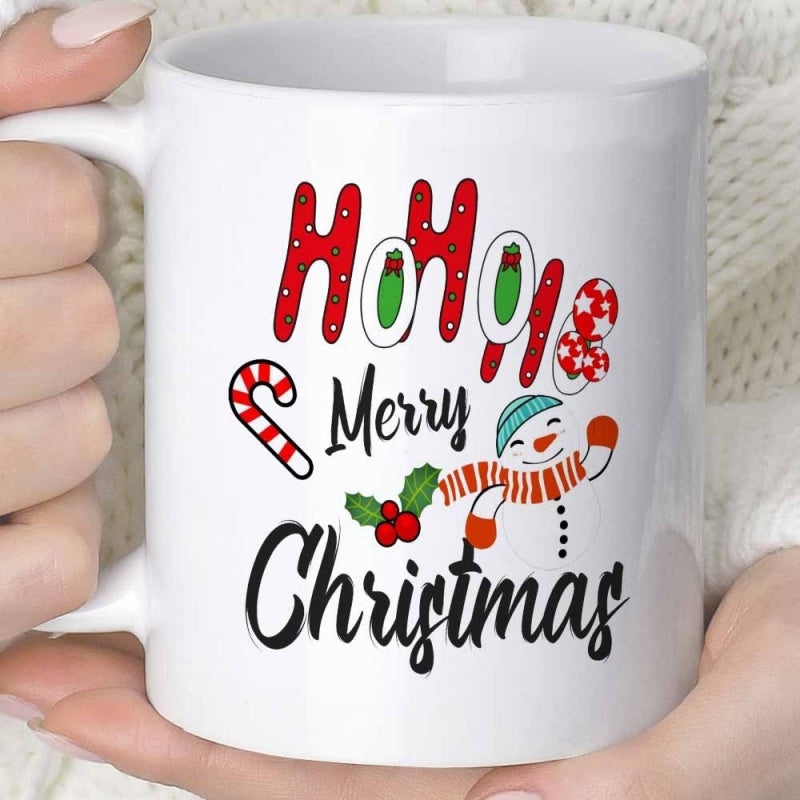 Tailorly White Ceramic 11 oz Mug - Ho Ho Ho Merry Christmas Cheerful Winter Graphics Featuring Candy Cane Holly And A Festive Scarf Snowman