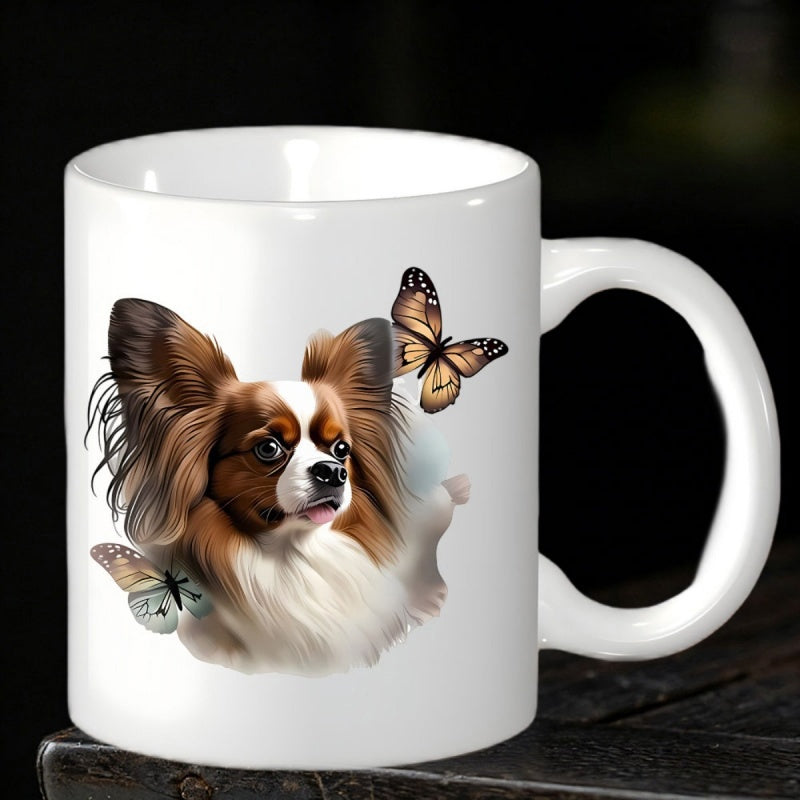 Tailorly White Ceramic 11 oz Mug - Elegant Long Haired Brown White Dog Surrounded By Delicate Fluttering Butterflies Papillon