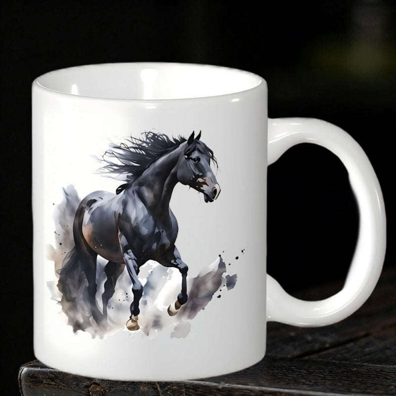 Tailorly White Ceramic 11 oz Mug - Majestic Black Stallion Galloping Through Artistic Watercolor Splashes With Flowing Mane Horse
