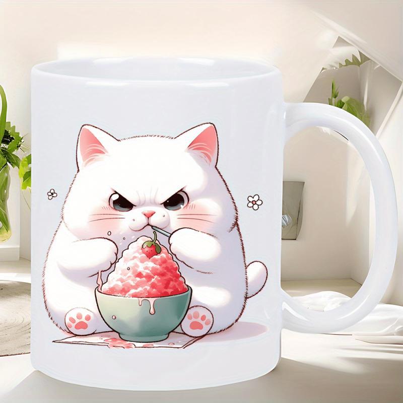 Tailorly White Ceramic 11 oz Mug - Adorable Chubby White Cat Eating Pink Shaved Ice From Green Bowl Cat