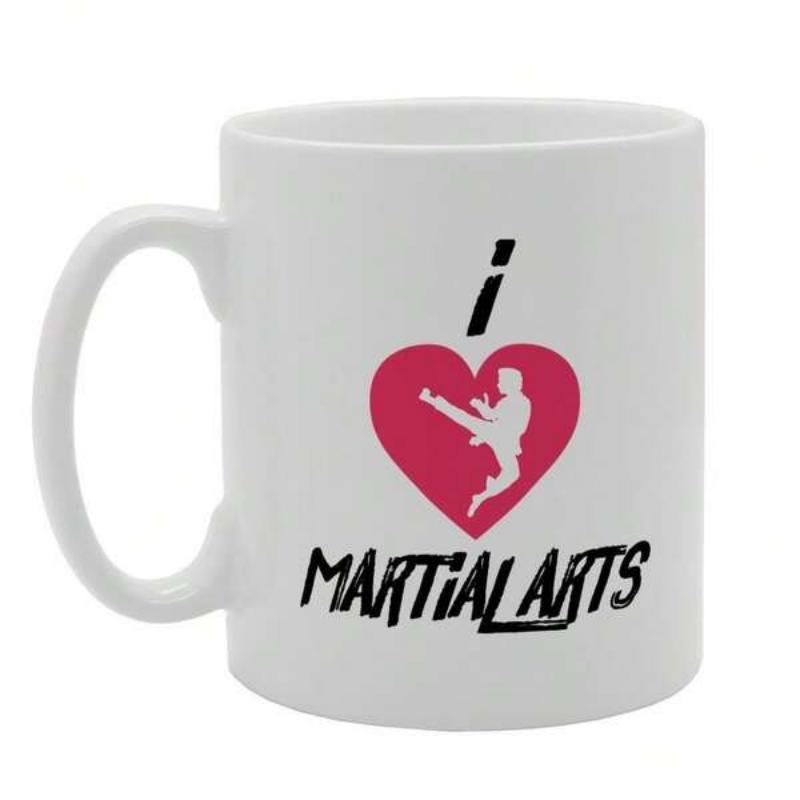 Tailorly White Ceramic 11 oz Mug - I Martial Arts Vibrant Pink Heart Featuring A Skilled Martial Artist Performing A Kick Silhouette