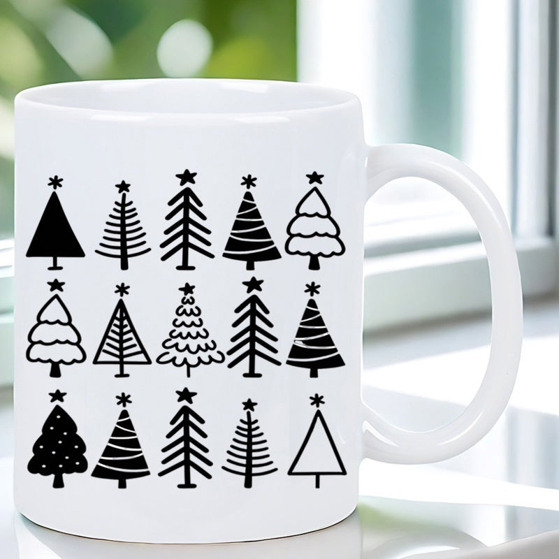 Tailorly White Ceramic 11 oz Mug - Minimalist Black Ink Icons Arranged In A Neat Grid Pattern Christmas Tree