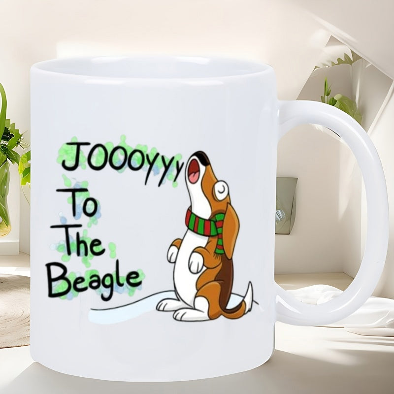 Tailorly White Ceramic 11 oz Mug - Joy To The Beagle Playful Animated Hound Howling With Festive Winter Scarf Beagle