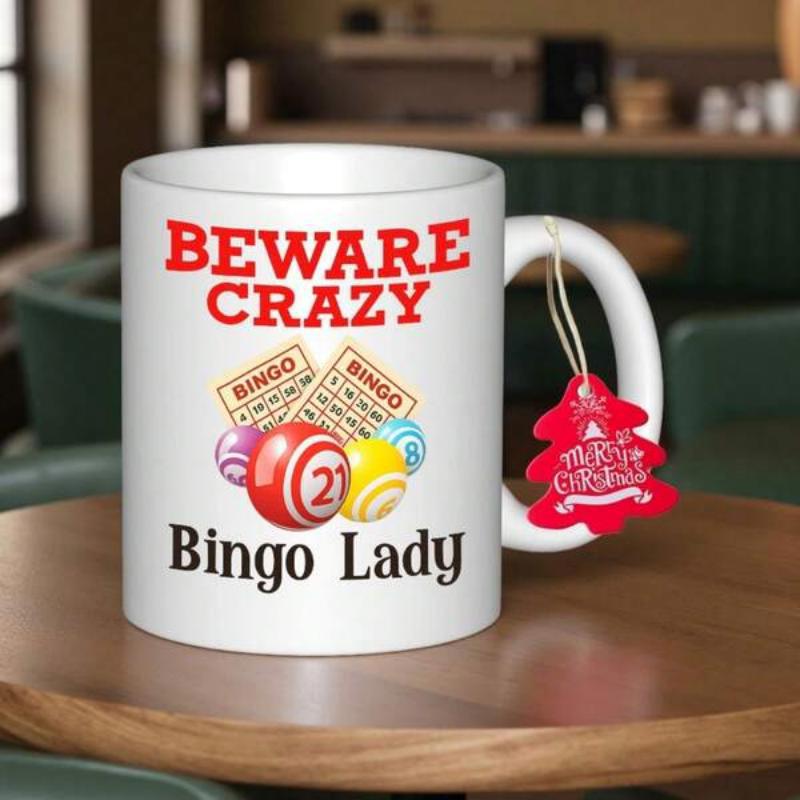 Tailorly White Ceramic 11 oz Mug - Beware Crazy Bingo Lady Colorful Gaming Balls And Playing Cards Resting In The Middle Mug