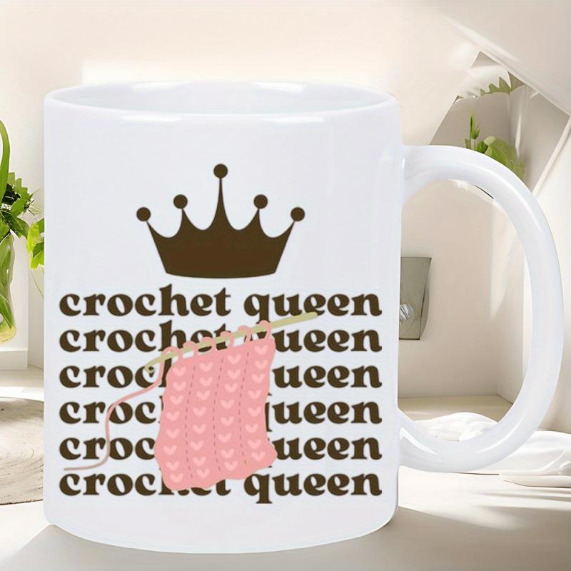 Tailorly White Ceramic 11 oz Mug - Crochet Queen Elegant Imperial Brown Crown Above Pink Heart Patterned Knitted Fabric