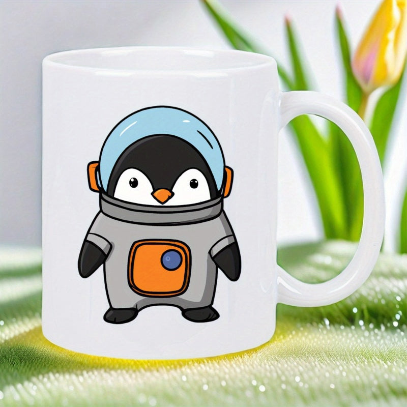 Tailorly White Ceramic 11 oz Mug - Cute Little Space Explorer Wearing Astronaut Suit Standing Alone Penguin