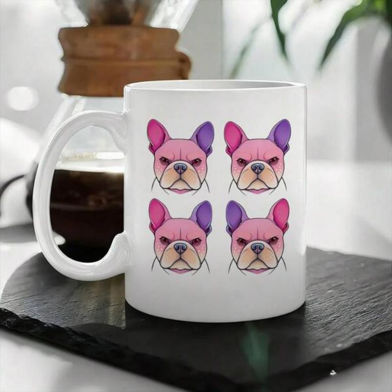 Tailorly White Ceramic 11 oz Mug - Colorful Artistic Pink And Purple Gradient Heads Of A French Bulldog