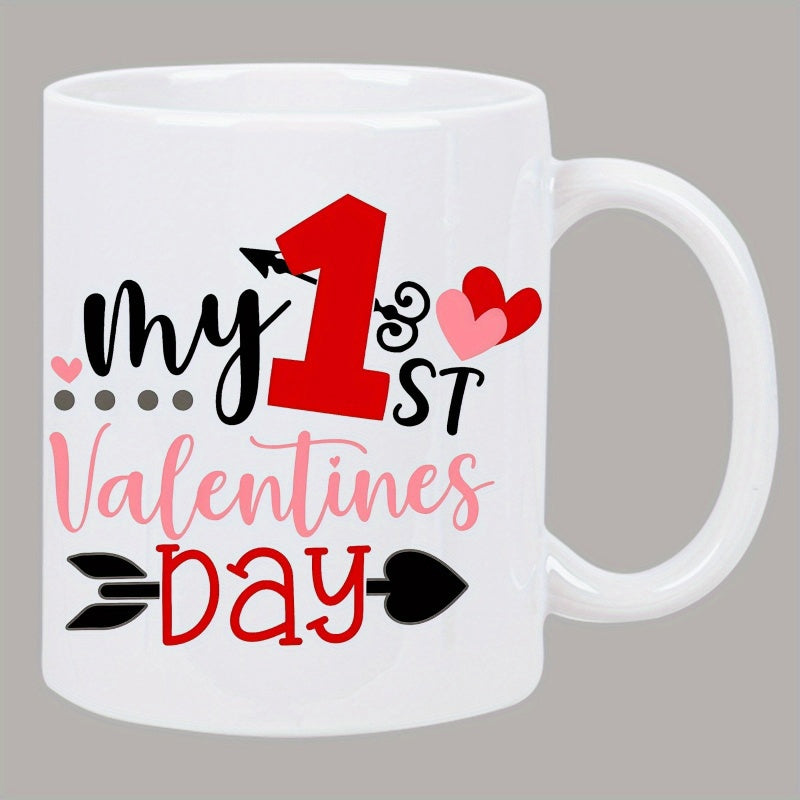 Tailorly White Ceramic 11 oz Mug - My 1st Valentines Day Red Number One With Cupid Arrow And Pink Hearts Mug