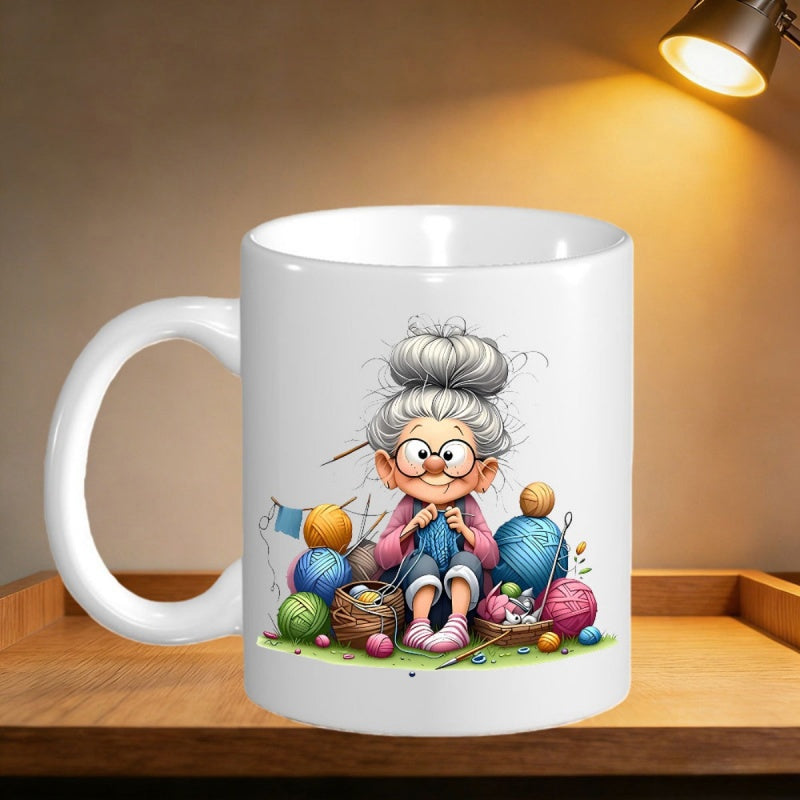 Tailorly White Ceramic 11 oz Mug - Charming Elderly Woman Knitting Among Colorful Soft Balls Of Yarn Grandmother