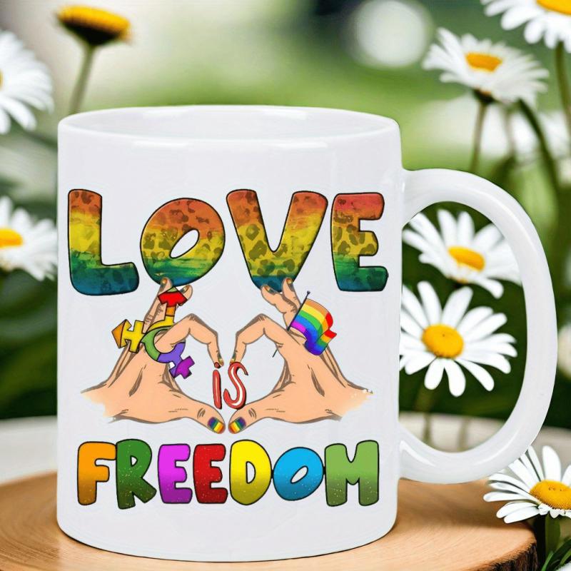 Tailorly White Ceramic 11 oz Mug - Love Is Freedom Artistic Hands Creating Heart Shape Decorated With Vibrant Rainbow Colors Heart