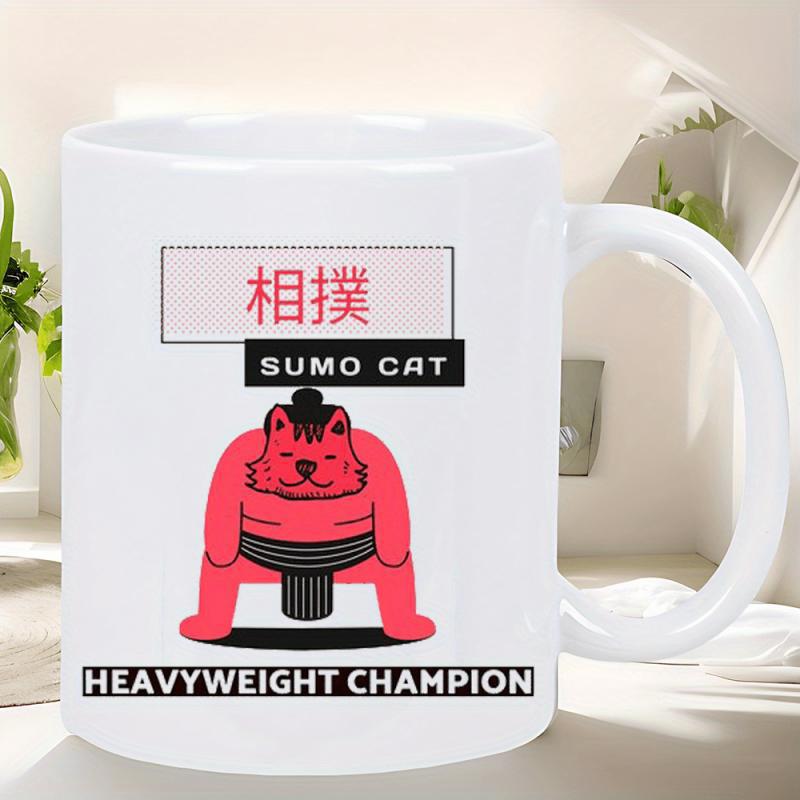 Tailorly White Ceramic 11 oz Mug - Sumo Cat Heavyweight Champion Powerful Red Cat Wearing Traditional Mawashi Belt Crouching In Sumo Stance Cat