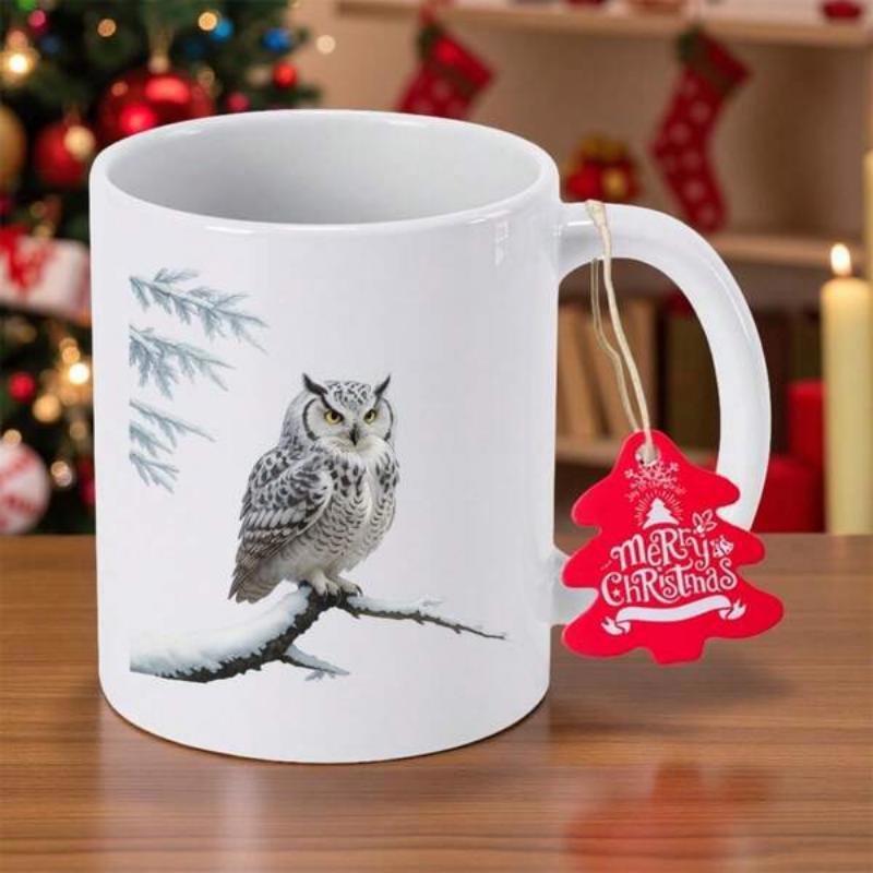 Tailorly White Ceramic 11 oz Mug - Majestic Spotted Bird Perched On A Snowy Branch Among Frosted Leaves Owl