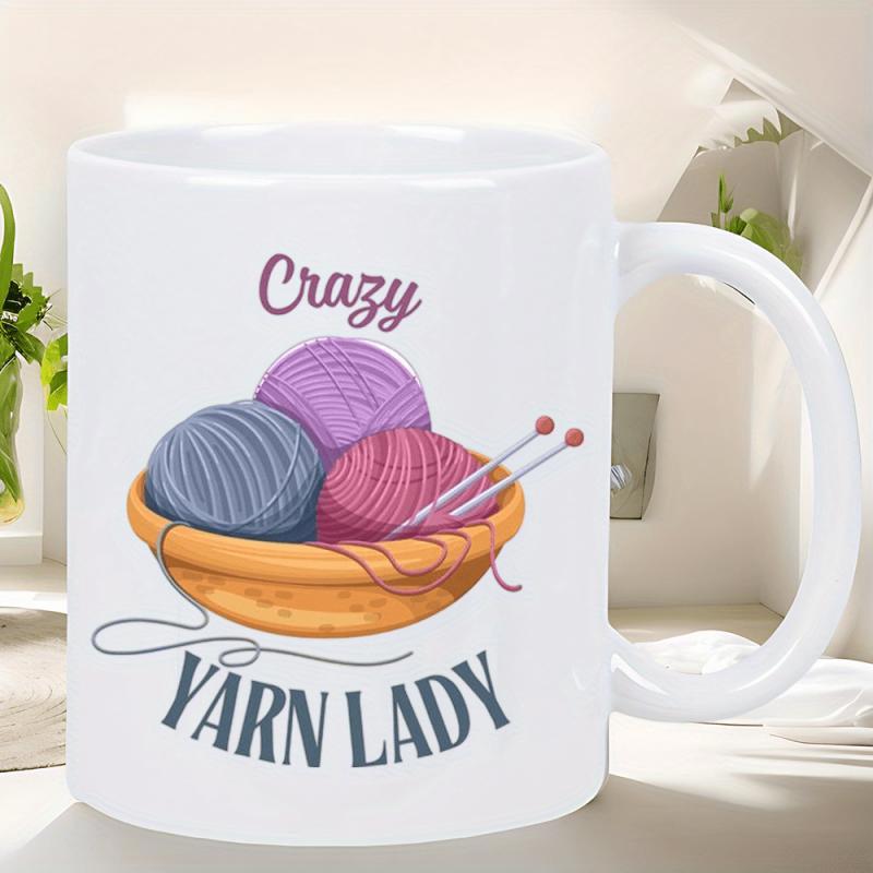 Tailorly White Ceramic 11 oz Mug - Crazy Yarn Lady Colorful Balls Of Wool Resting Inside A Wooden Bowl