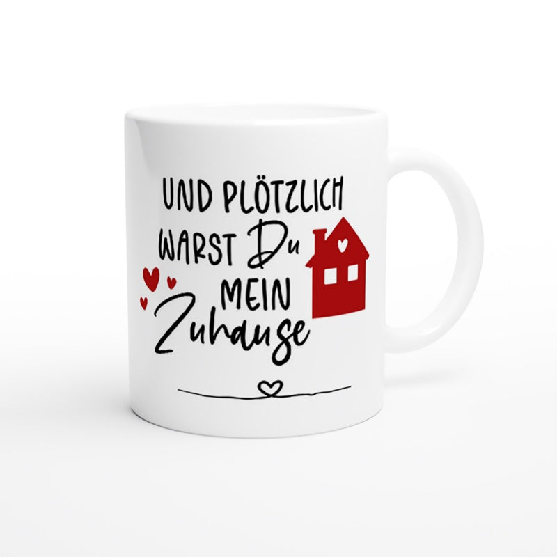 Tailorly White Ceramic 11 oz Mug - Charming Red Small Cottage Surrounded By Delicate Floating Hearts House