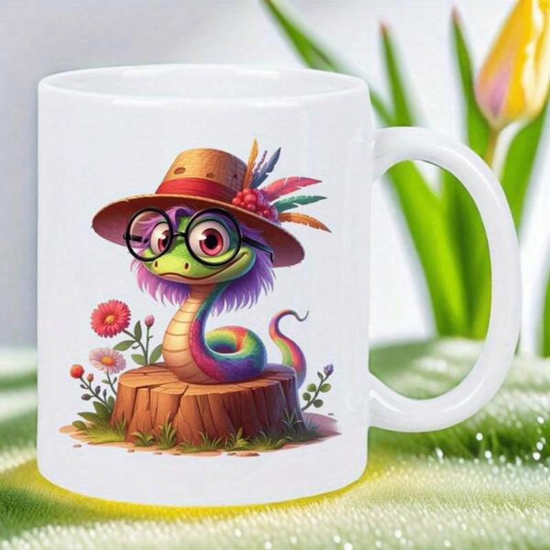 Tailorly White Ceramic 11 oz Mug - Whimsical Colorful Cartoon Character Wearing Round Glasses And Feathered Hat Snake