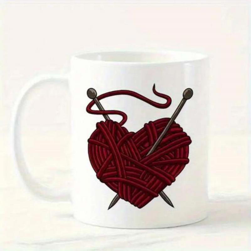 Tailorly White Ceramic 11 oz Mug - Heart Shaped Crimson Red Yarn Ball Pierced With Gray Knitting Needles Heart