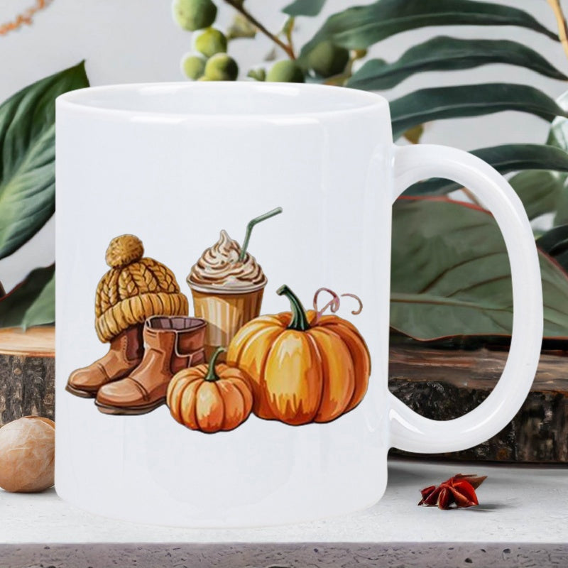 Tailorly White Ceramic 11 oz Mug - Cozy Autumn Essentials Featuring Warm Knitted Hat And Leather Boots Pumpkin