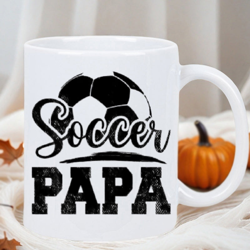 Tailorly White Ceramic 11 oz Mug - Soccer Papa Distressed Typography Featuring Classic Geometric Black And White Sports Soccer Ball