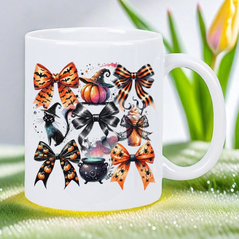 Tailorly White Ceramic 11 oz Mug - Festive Halloween Elements With Striped Bows Pumpkin Cat And Magical Cauldron Pattern