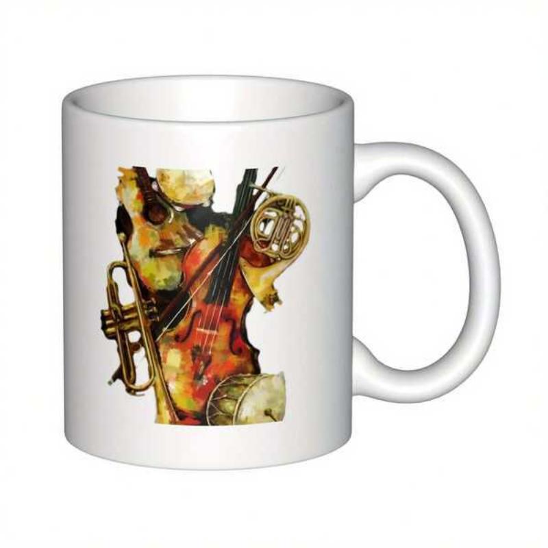 Tailorly White Ceramic 11 oz Mug - Elegant Watercolor Painting Of Orchestral String And Brass Wind Instruments