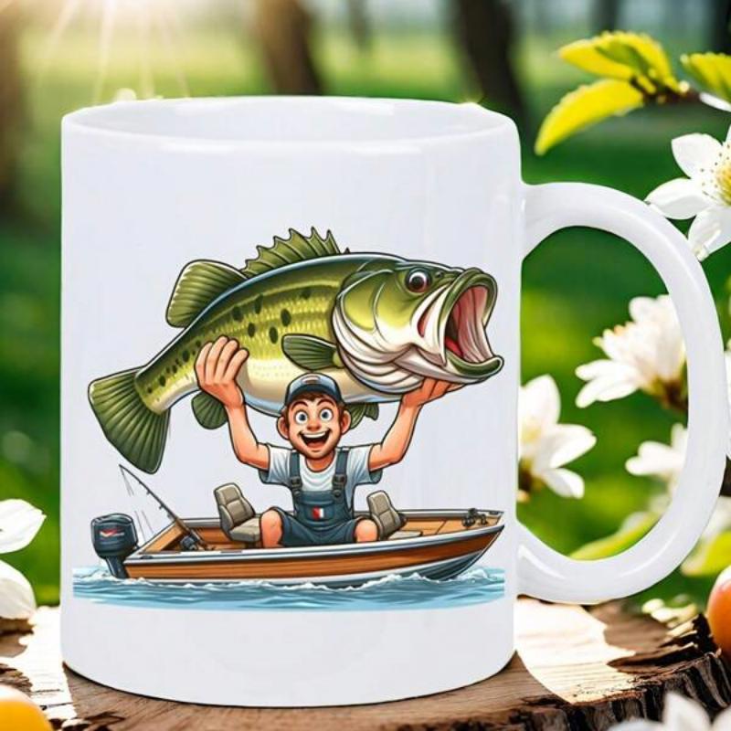 Tailorly White Ceramic 11 oz Mug - Excited Boy Floating On Water With A Giant Caught Bass Fisherman