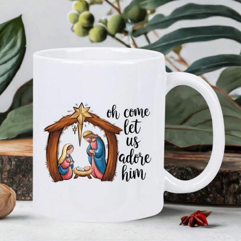 Tailorly White Ceramic 11 oz Mug - Oh Come Let Us Adore Him Sacred Nativity Scene With Holy Family Resting Under Wooden Stable Nativity
