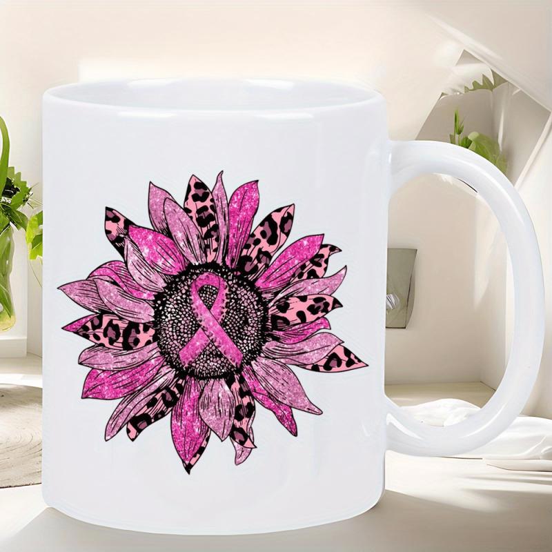 Tailorly White Ceramic 11 oz Mug - Vibrant Pink Leopard Print Petals Surrounding Symbolic Awareness Ribbon Breast Cancer Sunflower