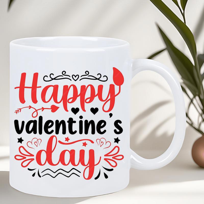 Tailorly White Ceramic 11 oz Mug - Happy Valentines Day Ornamental Red Hearts And Black Swirls With Arrow Accents Mug