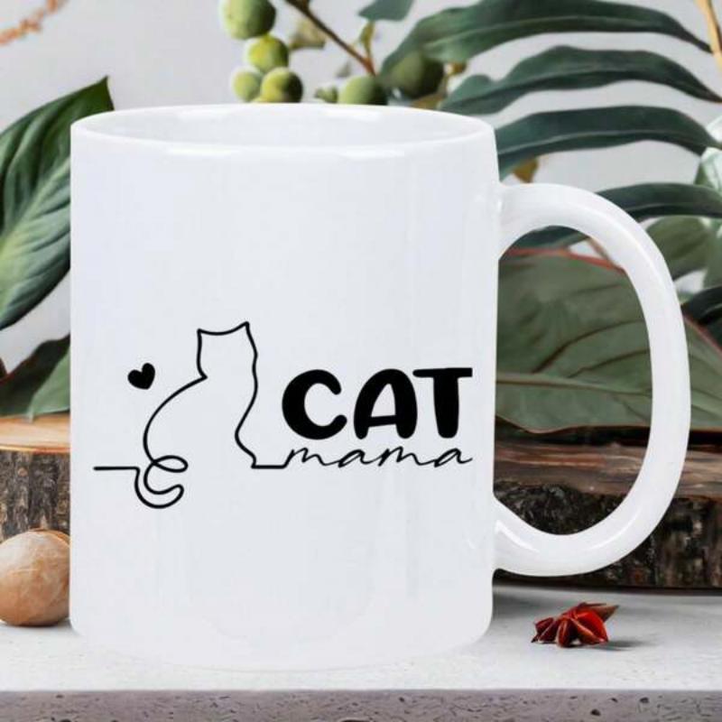 Tailorly White Ceramic 11 oz Mug - Cat Mama Minimalist Single Line Art Drawing Featuring A Sitting Feline With Heart Cat