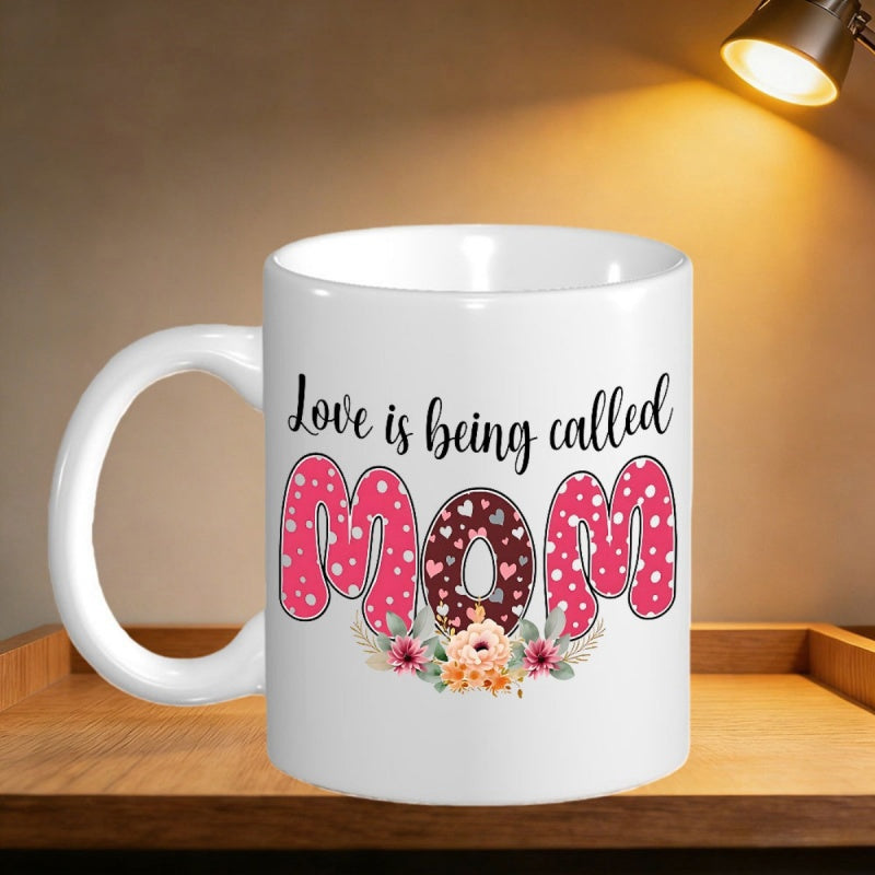 Tailorly White Ceramic 11 oz Mug - Love Is Being Called MOM Pink Polka Dots And Hearts With Elegant Floral Base MOM