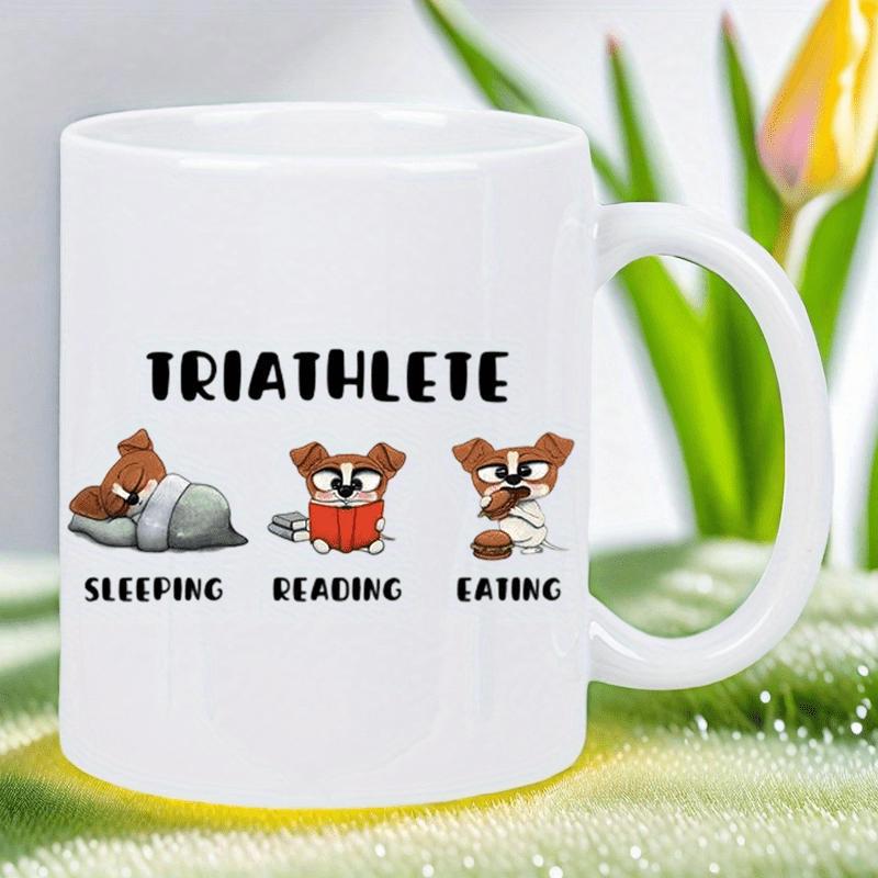 Tailorly White Ceramic 11 oz Mug - Triathlete Sleeping Reading Eating Cute Cartoon Puppy Engaged In Daily Leisure Activities Dog