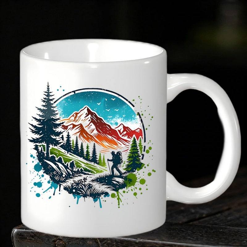 Tailorly White Ceramic 11 oz Mug - Serene Hiking Path Through Lush Pine Forest Under Majestic Snowy Peak Mountain