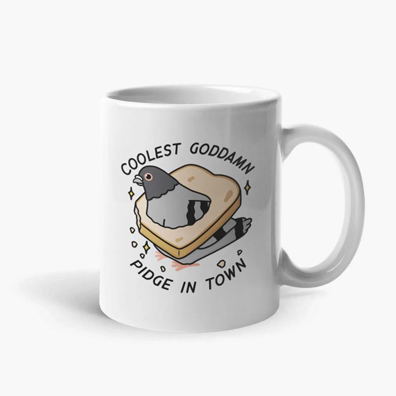 Tailorly White Ceramic 11 oz Mug - Coolest Goddamn Pidge In Town Funny Cartoon Bird Wearing Sliced Bread Around Neck Pigeon