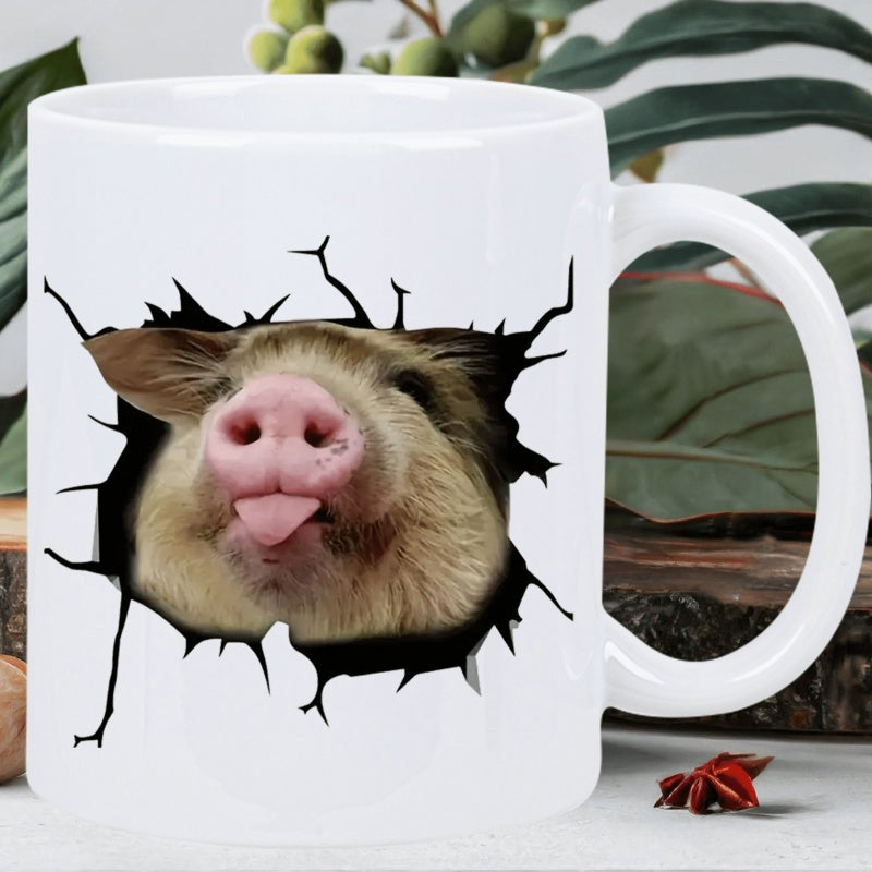 Tailorly White Ceramic 11 oz Mug - Funny Adorable Pig With Tongue Out Emerging From Broken Wall Pig