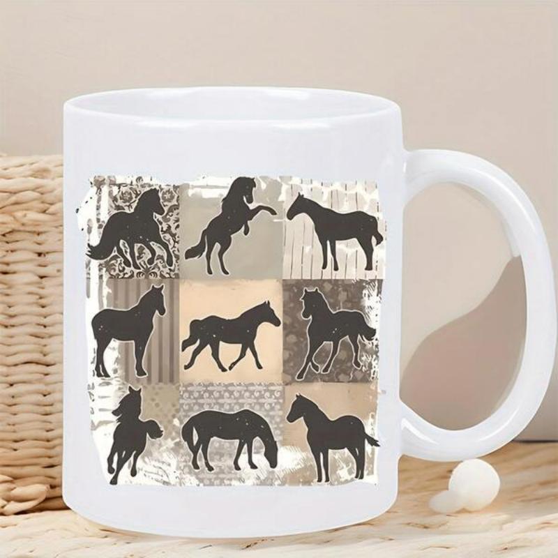 Tailorly White Ceramic 11 oz Mug - Diverse Silhouette Poses Within A Vintage Textured Collage Grid Patterned Horse